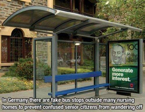 Fake bus stops outside nursing home.